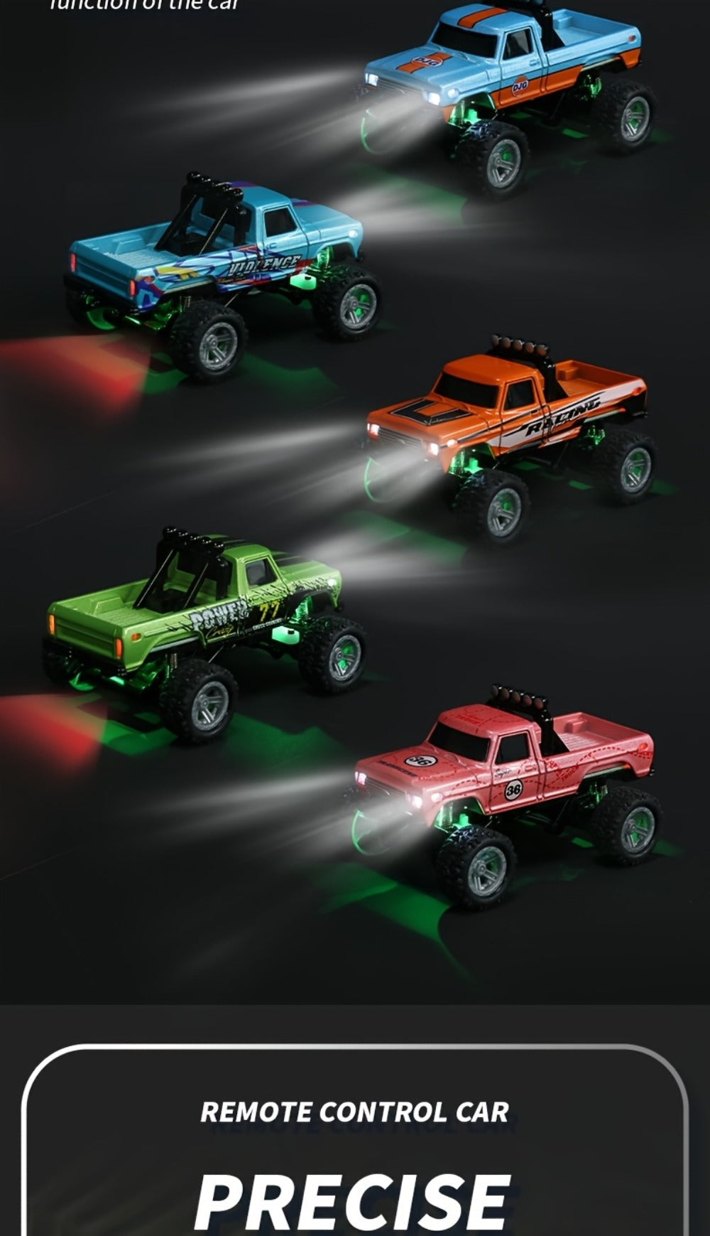 1:64 Mini RC Truck with Trailer and LED Lights, Green, Gray or Blue