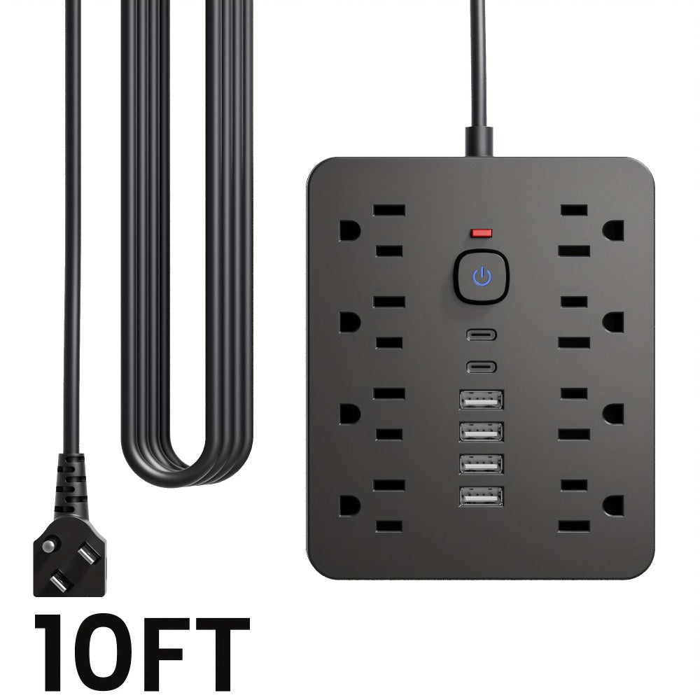 Flat Plug Wall Mount Power Strip 14-in-1 Surge Protector - 8 AC Outlets, 4 USB-A & 2 USB-C Ports, 5ft/10ft Extension Cord, Overload Protection, Desktop Charging for Home Office