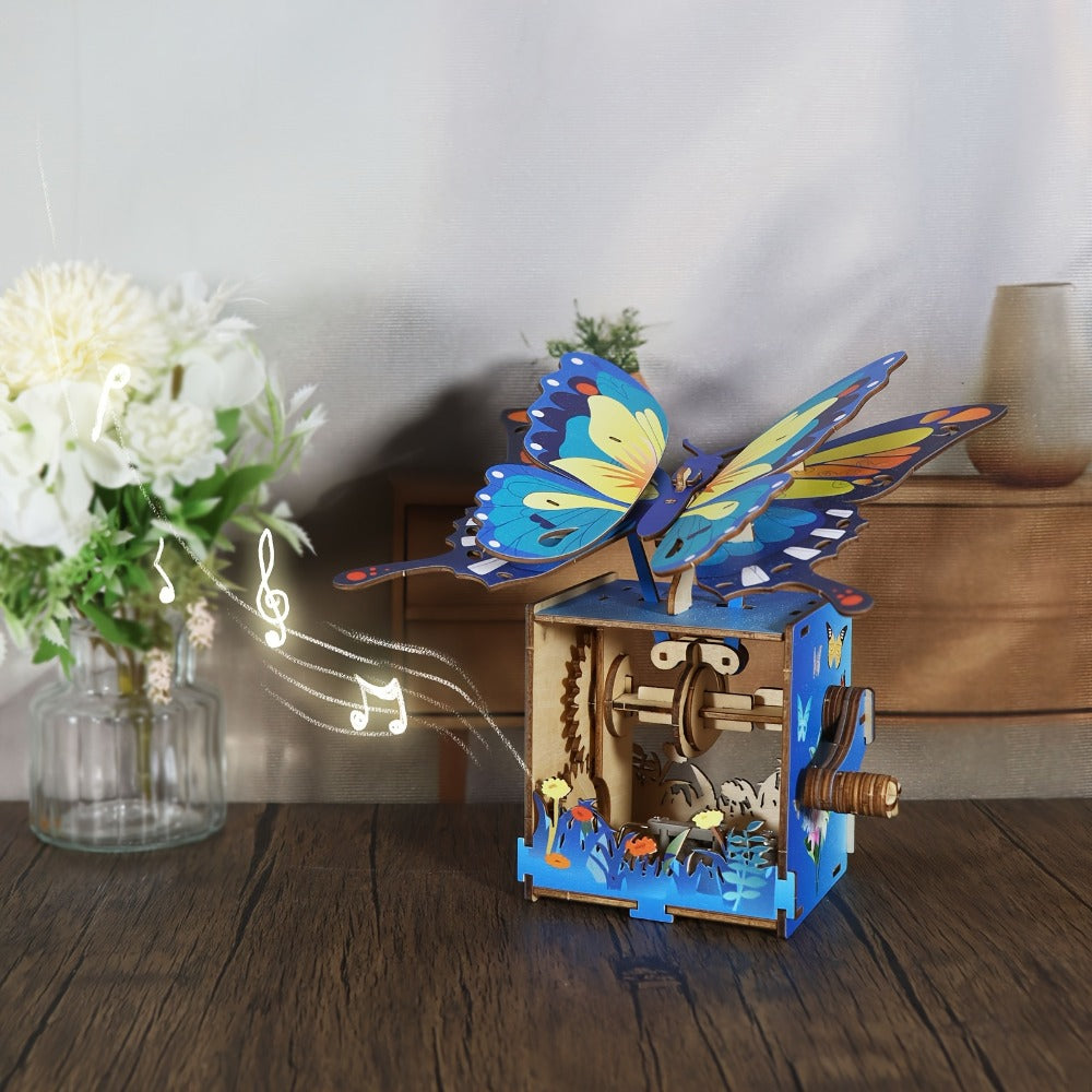 Wooden Butterfly Model Kit, Choose Color Display or Music Box Style