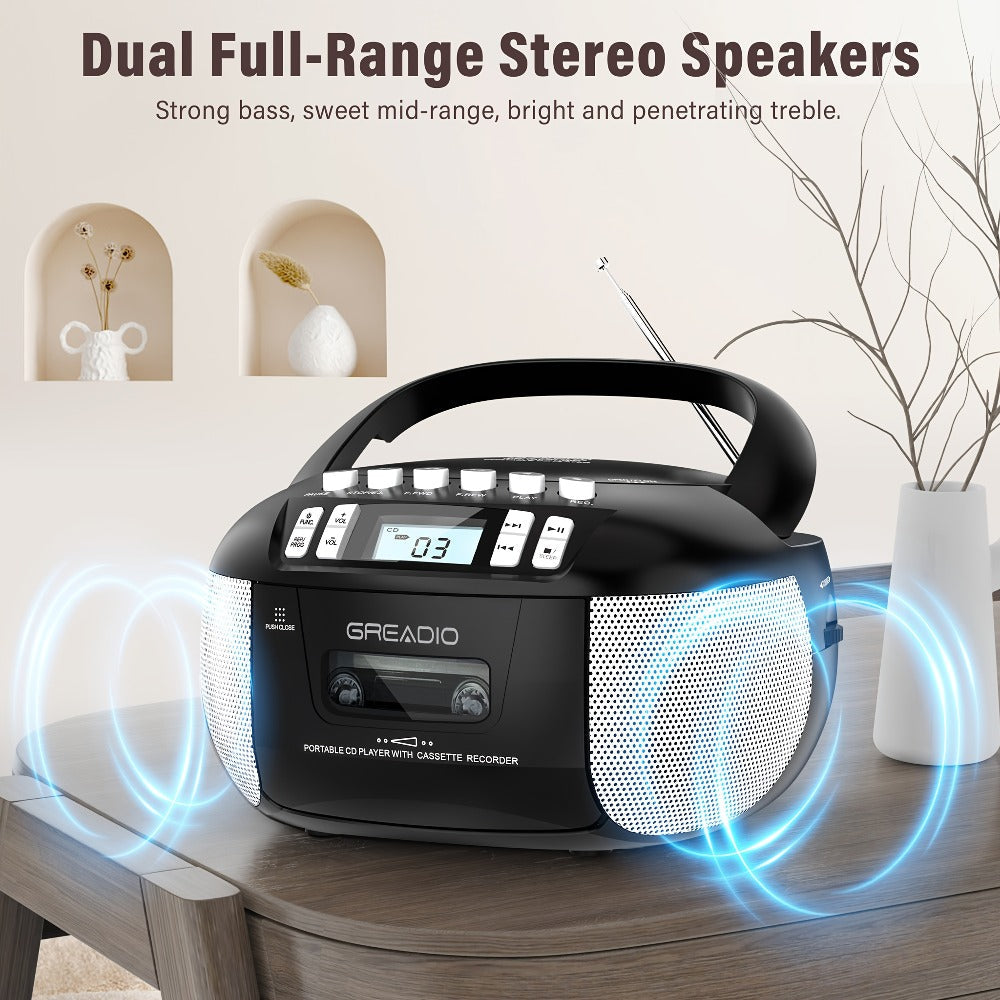 CD and Cassette Player Combo Boombox Portable AM FM Radio Tape Recording Stereo Sound AC DC Powered AUX Headphone Jack Sleep Timer for Home Seniors