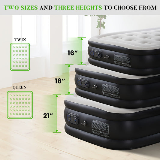 Air Mattress with Built-In Pump, Twin or Queen in 16, 18 and 21-Inch Heights