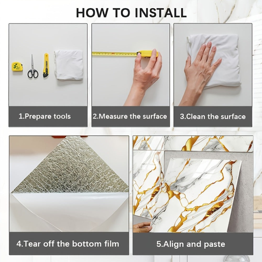 Self-Adhesive Marble Tile Stickers 11.8x11.8in Peel and Stick Wall Tiles for Bathroom Kitchen Backsplash – Waterproof 3D Glossy Imitation Marble Wall Panel, Easy to Install, 50 or 100 Pack