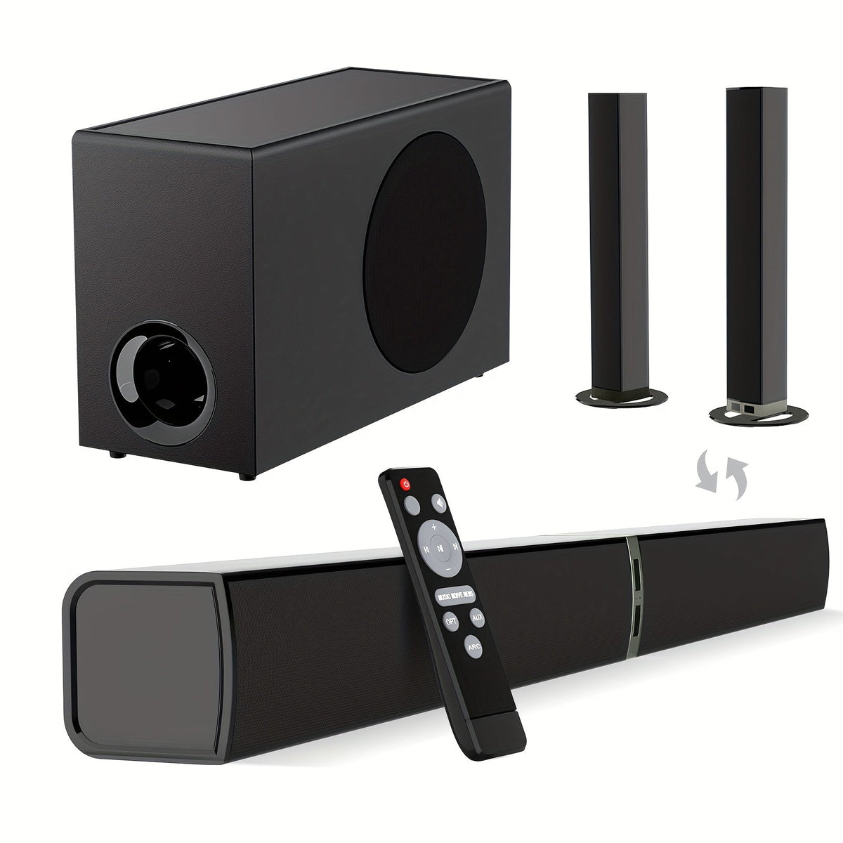 Soundbar with Subwoofer 2.1CH Home Theater Sound Bar for Smart TV, Deep Bass Wireless Bluetooth 5.0, ARC Optical AUX, Detachable Tower Speakers, Infrared Remote, for Movies Music Gaming