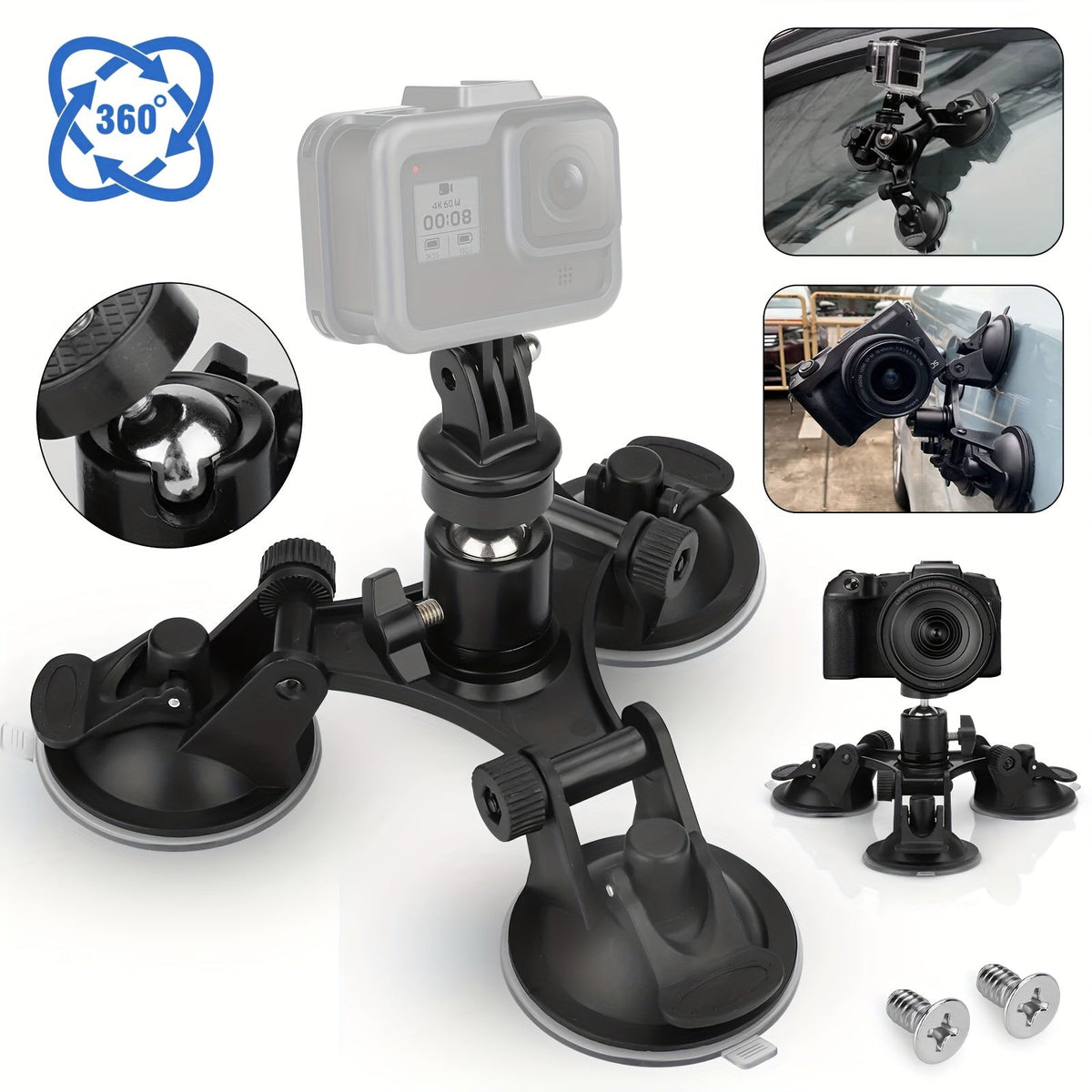 Suction Cup Camera Mount with 3 Bases – Universal 360° Ball Head Car Camera Holder for GoPro Hero 10 9 8 7, Action Cameras, DSLRs & Camcorders, Quick Release, ABS, Smooth Surface Secure Grip