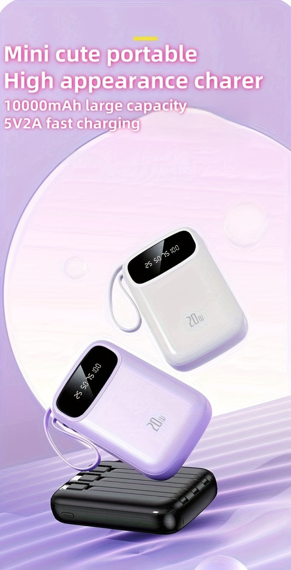 Portable Charger 10000mAh with Built-In 3 Cables Lightning USB-C Micro-USB 22.5W Super Fast Charging Cute Cartoon Mini Power Bank for iPhone Android Travel Backup Battery – Purple Black Red White
