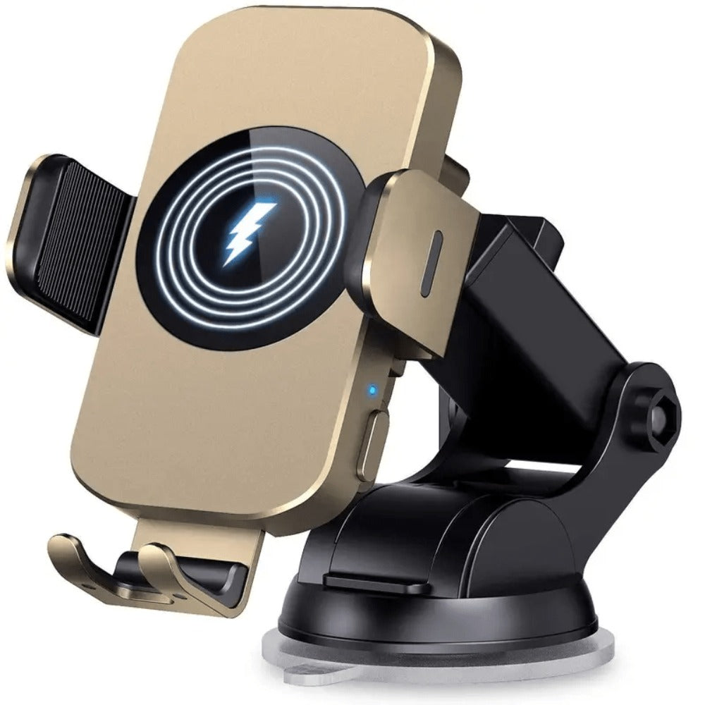 Auto-Clamping Car Wireless Charger 15W Blue Gold Stylish Vent Clip Phone Mount 360° Rotation for iPhone 16 15 14 13 12 11 Pro Max, Samsung Galaxy S24 S23 S22 S21, All Qi Devices – Blue & Gold