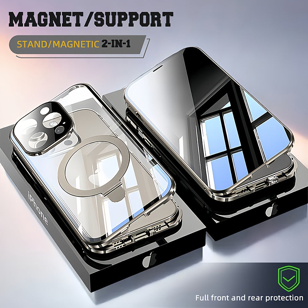 Anti-Spy Tempered Glass iPhone Case with Security Lock, Kickstand & Camera Protection – Magnetic Double-Sided Privacy Cover for iPhone 12 13 14 15 16 Pro Max Plus, Full Body Drop Protection