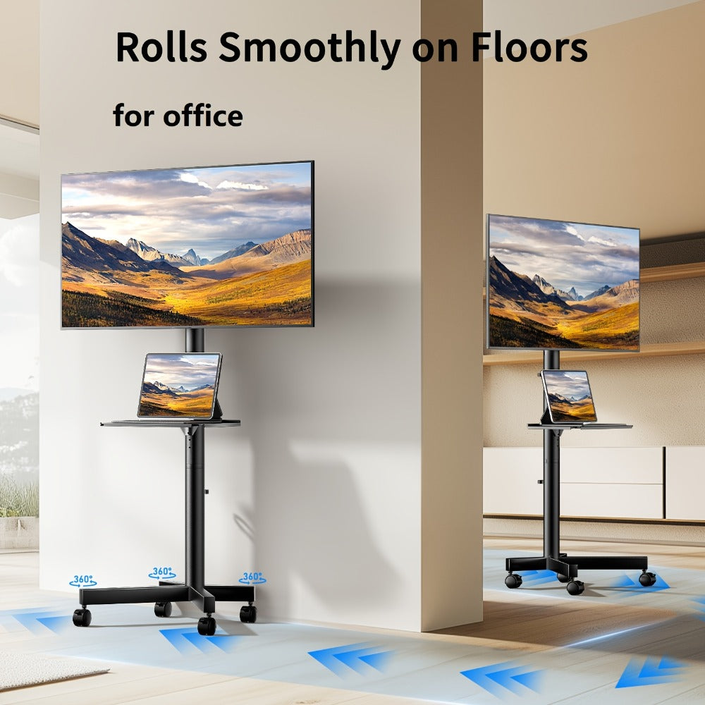 Rolling TV Cart Stand for 23-60 Inch TVs – Height Adjustable 12-24", Lockable Wheels, Media Shelf, Cable Management, 55 lbs Capacity, VESA 100-400mm, Home Office & Commercial Use, Black