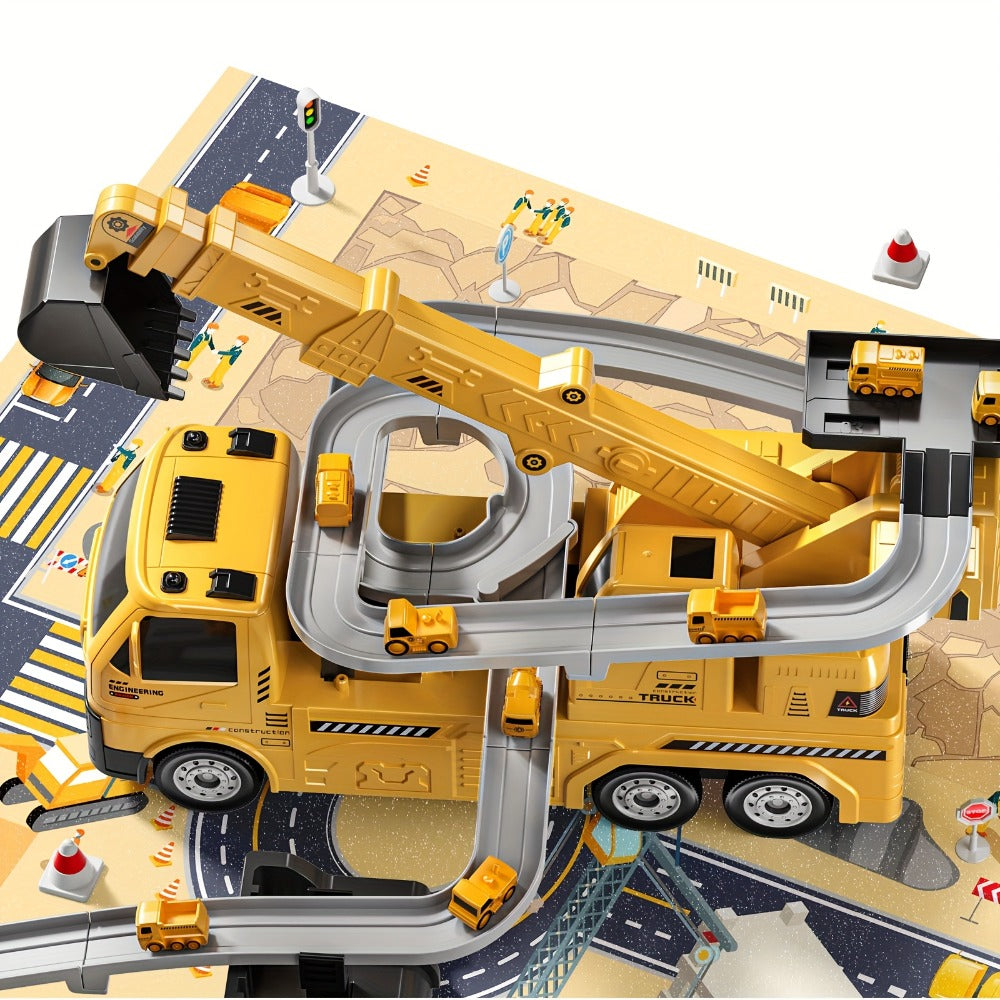 Crane Racing Track Toy Set – 3-in-1 Construction Playset with Excavator, 8 Cars, Lights & Sounds