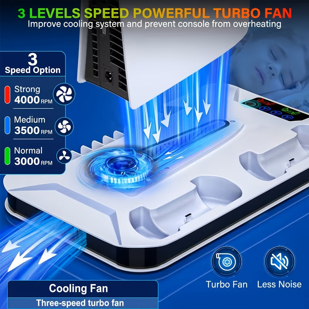 PS5 Pro Slim Cooling Station with Controller Charging Station for PS5/Slim/Pro Standard & Disc/Digital Console, Stand Cooler Accessories with Cooling Fan, 3 USB Hubs, Headset Holder & Screw Included