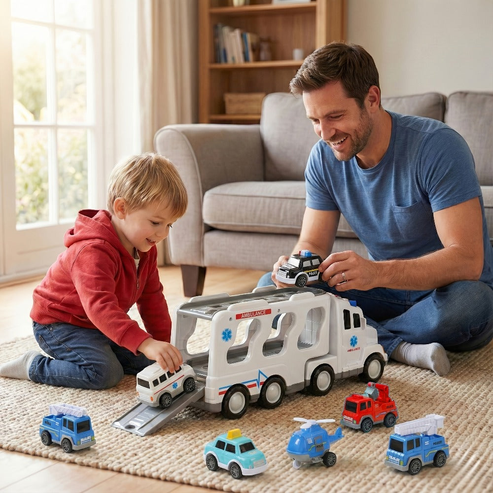 Toy Vehicle Set with 1 Large Car and 6 Small Cars, Four Theme Options