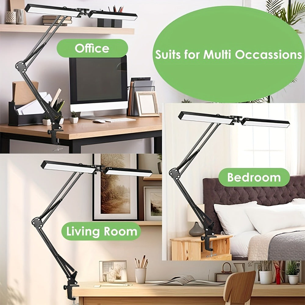 Dual Head Clamp Desk Lamp USB Powered – 2X Brighter Swing Arm LED Light, 3 Color Modes & 10 Brightness Levels for Dual Monitors, Drafting, Workbench & Home Office, Black