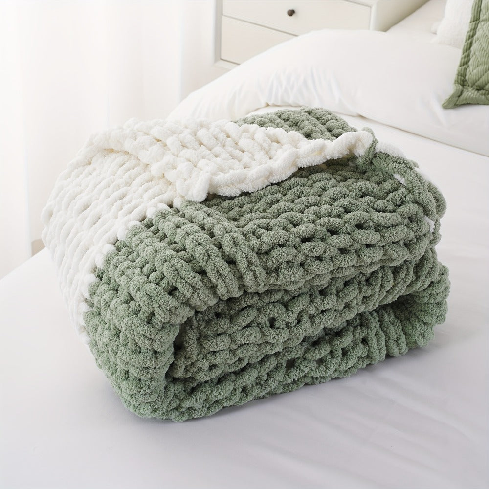 Chunky Chenille Cable Knit Throw Blanket – 350-400gsm Soft Warm Crochet Throw for Sofa, Bed & Couch, Vintage Patchwork, 14 Colors