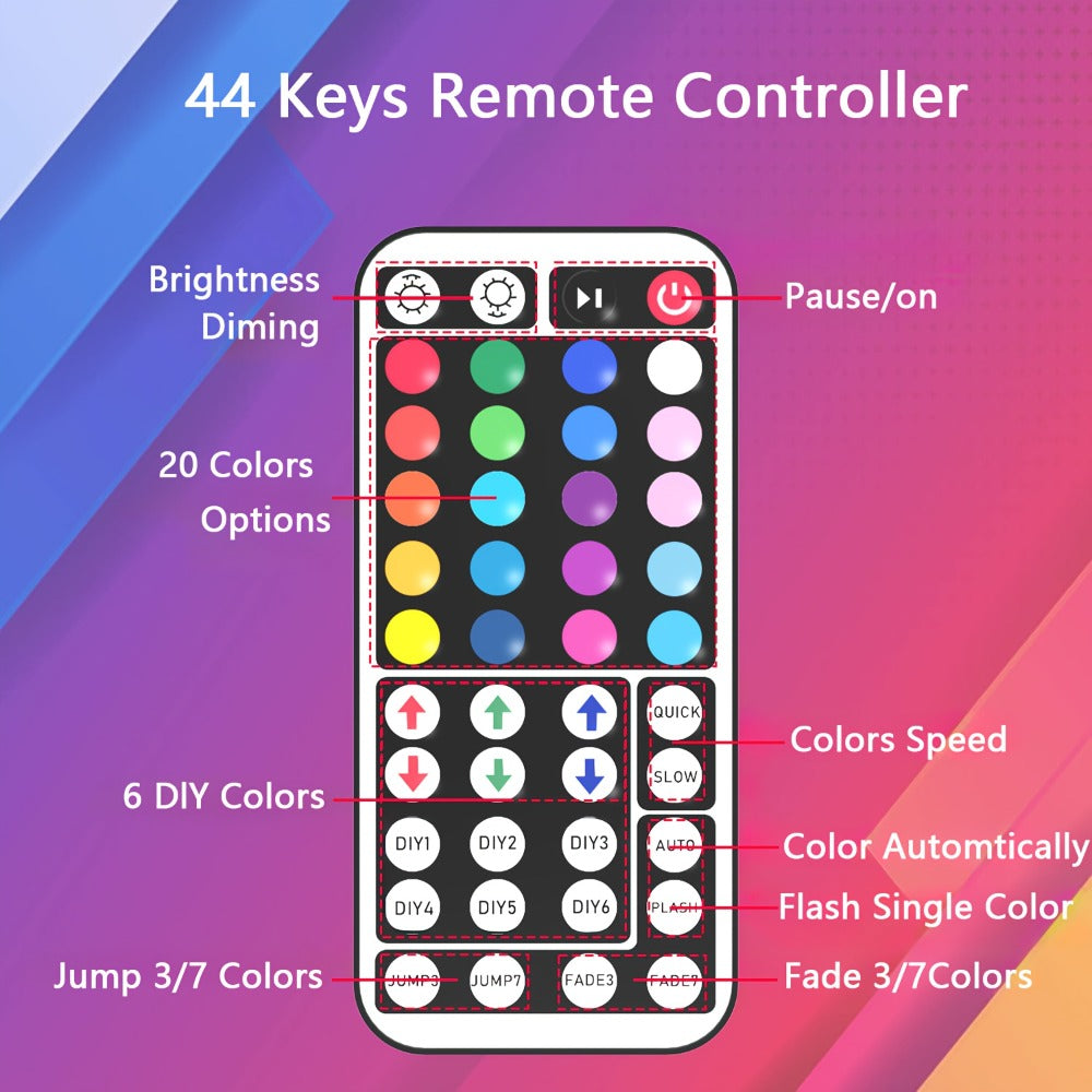 RGB LED Strip Lights 50ft/100ft – Color Changing Tape Light with 44-Key Remote, 20 Colors & 8 Modes, Easy Install, for Bedroom, Living Room, Kitchen, Bar, Wedding & Party Decoration