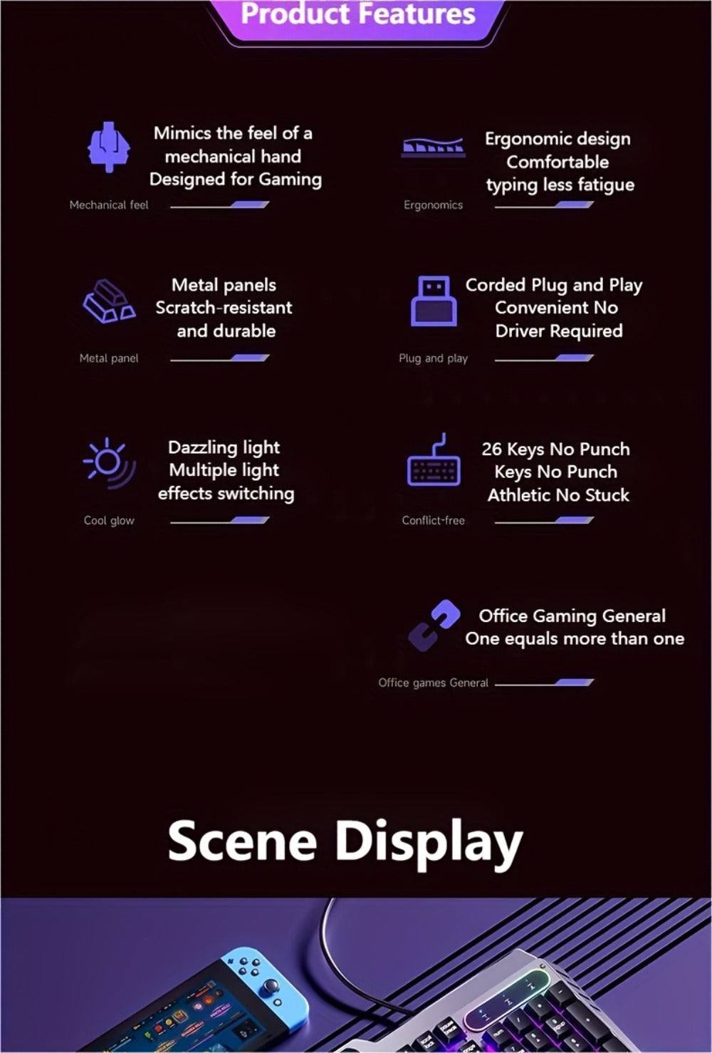 LED Backlit Wired Gaming Keyboard 104 Keys Full Size – Quiet Ergonomic Design, Adjustable Volume Knob, USB Powered, Compatible with Desktop and Laptop Computers, Office and Home Use
