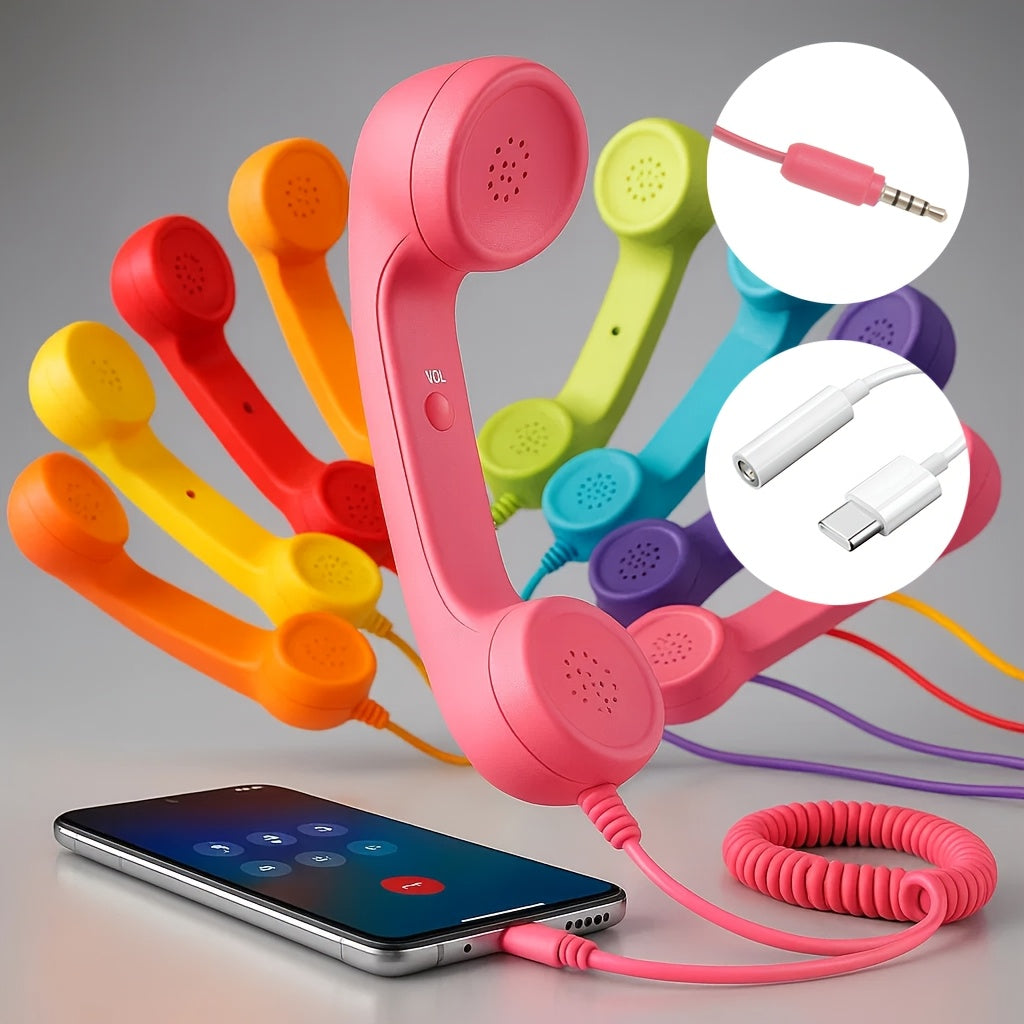 Retro Phone Handset for Smartphone Tablet & Computer – Hands-Free Calling, Volume Control, Clear Sound, 3.5mm & Type-C Compatible, iPhone Android, Multiple Colors, Great Senior Gift