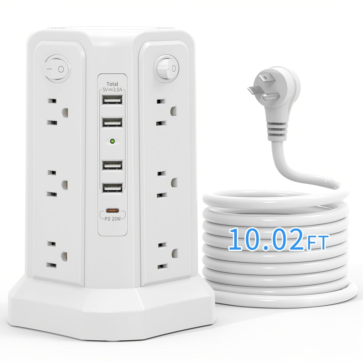 Power Strip Tower Angled Flat Plug 17-in-1 with 12 AC Outlets 4 USB-A 1 USB-C PD 18W 4 Independent Switches 1500J Surge Protector Desktop Extension Cord for Home Office Dorm Room – Black & White