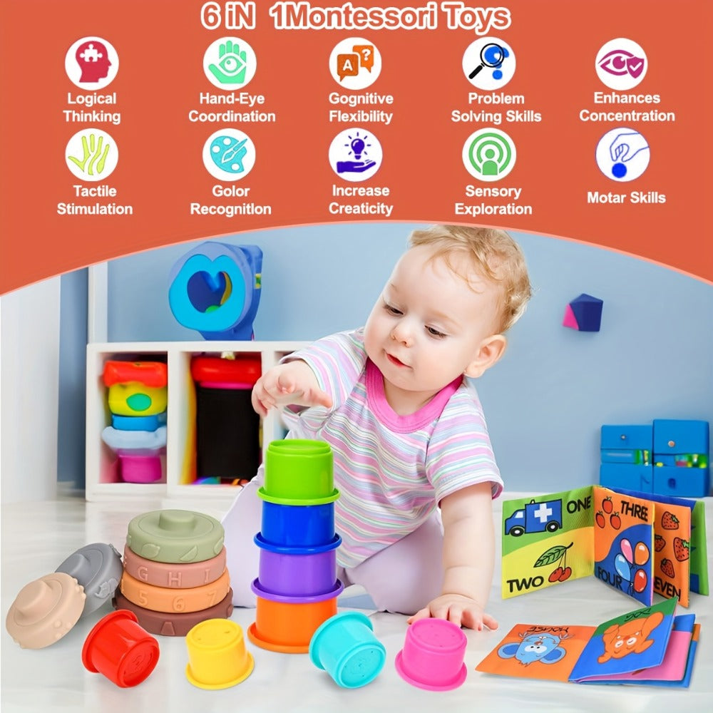 3-in-1 Baby Sensory Toy Set, Stacking Cups, Spinning Top & Cloth Book