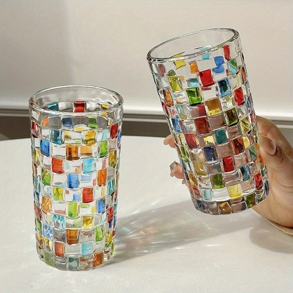 Hand-Painted Drinking Glasses Set – Colorful Square Lattice Woven Handcrafted Glass for Water, Juice, Whiskey & Beer – Artistic Decorative Glassware for Home Bar & Entertaining – 2pc or 4pc