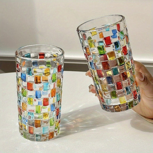 Hand-Painted Drinking Glasses with Colorful Square Lattice Pattern, Sets of 2 or 4