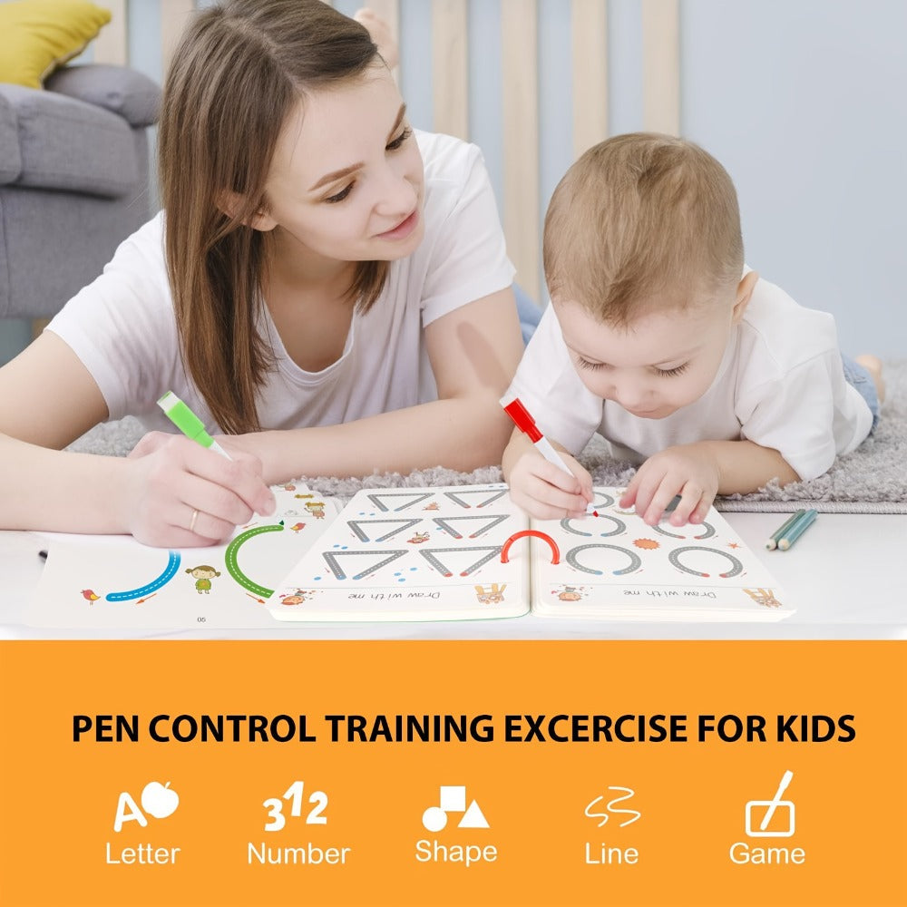 Wipe Clean Tracing Workbook for Kids — 64-Page Reusable Magic Exercise Book with 8 Color Pens & Eraser, Pen Control Writing Practice for Preschool Kindergarten Ages 3+, Back to School Gift