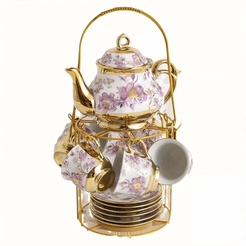 Floral Ceramic Tea Set 20 Pcs – European Porcelain Tea Cups & Saucers with Metal Holder & 15 Oz Teapot – Luxury Arabic Coffee Cup Set for Espresso, Cappuccino & Afternoon Tea – Elegant Gift