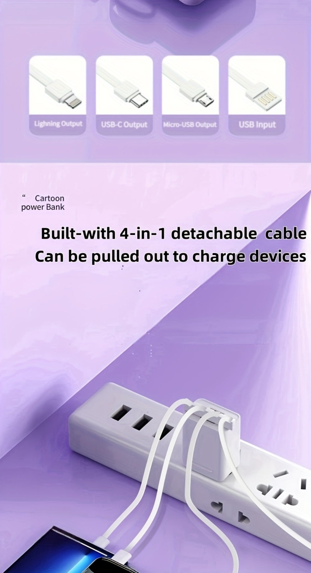 10000mAh Power Bank Built-in 4-in-1 Cable 22.5W Super Fast Charging Slim Mini Portable Charger for iPhone Android Samsung – Compact Travel Battery Pack USB-C Micro Lightning