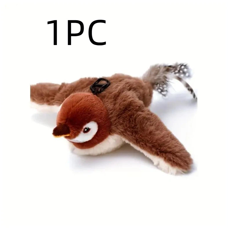 Flying Sparrow Cat Toy with Flapping Wings & Chirping Sound - USB Rechargeable Plush Bird Cat Toy, Touch-Start Interactive Feather Toy for Indoor Cats, Realistic Bird Motion & Calls