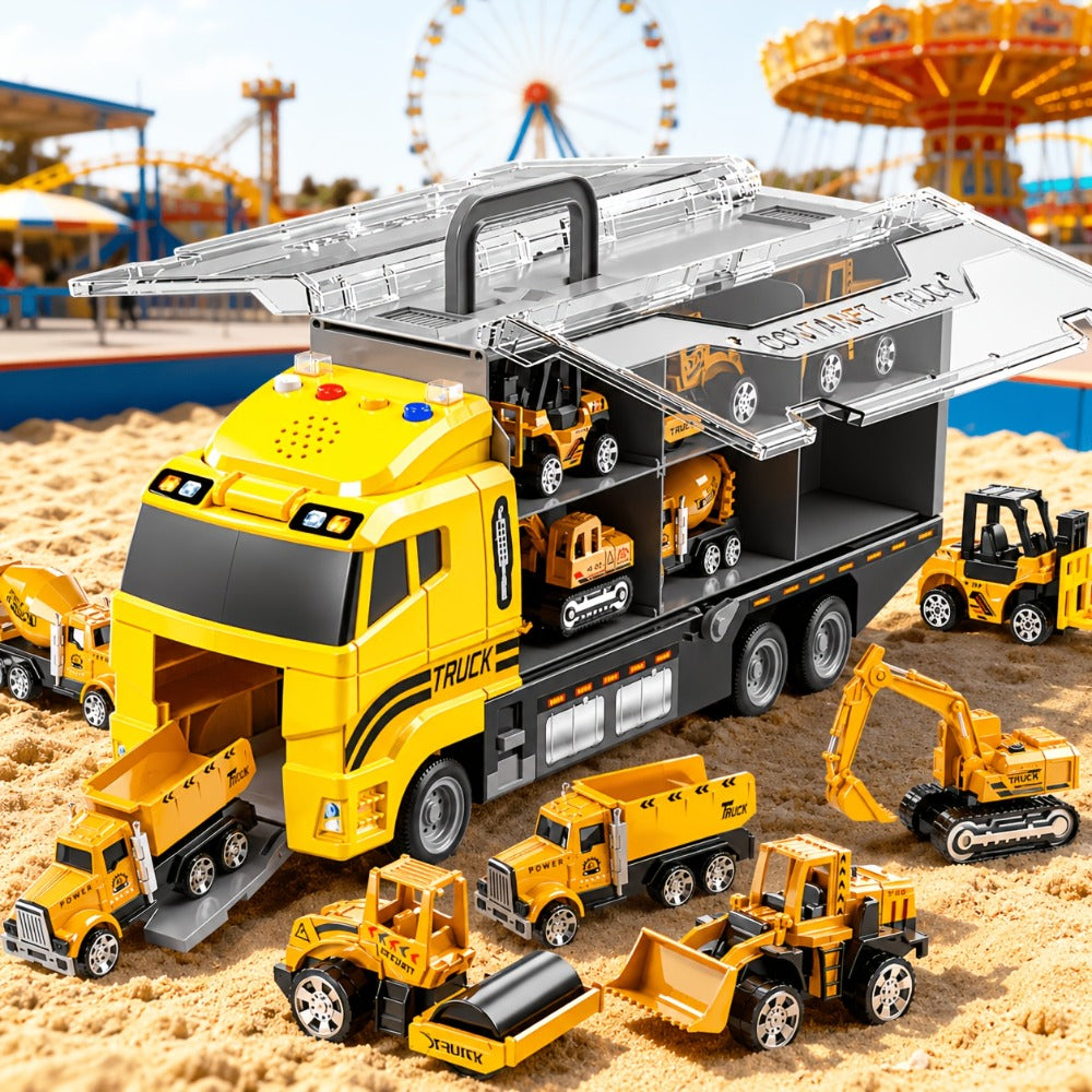 Construction Truck Toy Set, 13-in-1 Carrier with Die-Cast Vehicles and Play Mat