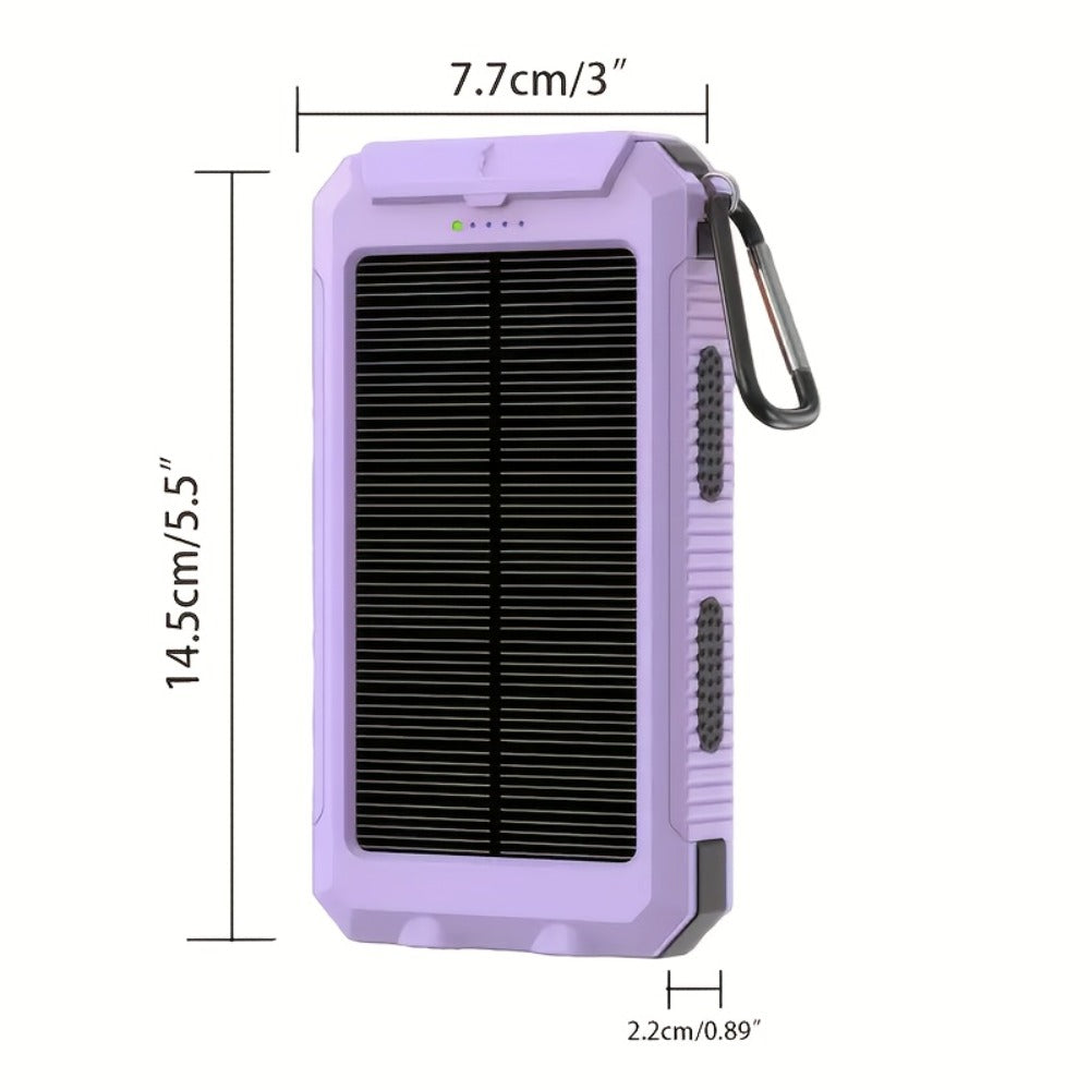 Hiking Solar Power Bank 10000mAh with Compass LED Flashlight & Carabiner Clip – Portable USB Charger for Camping Backpacking Travel Emergency Prep – Works with All Phones, Data Cable & Backpack Hook Included