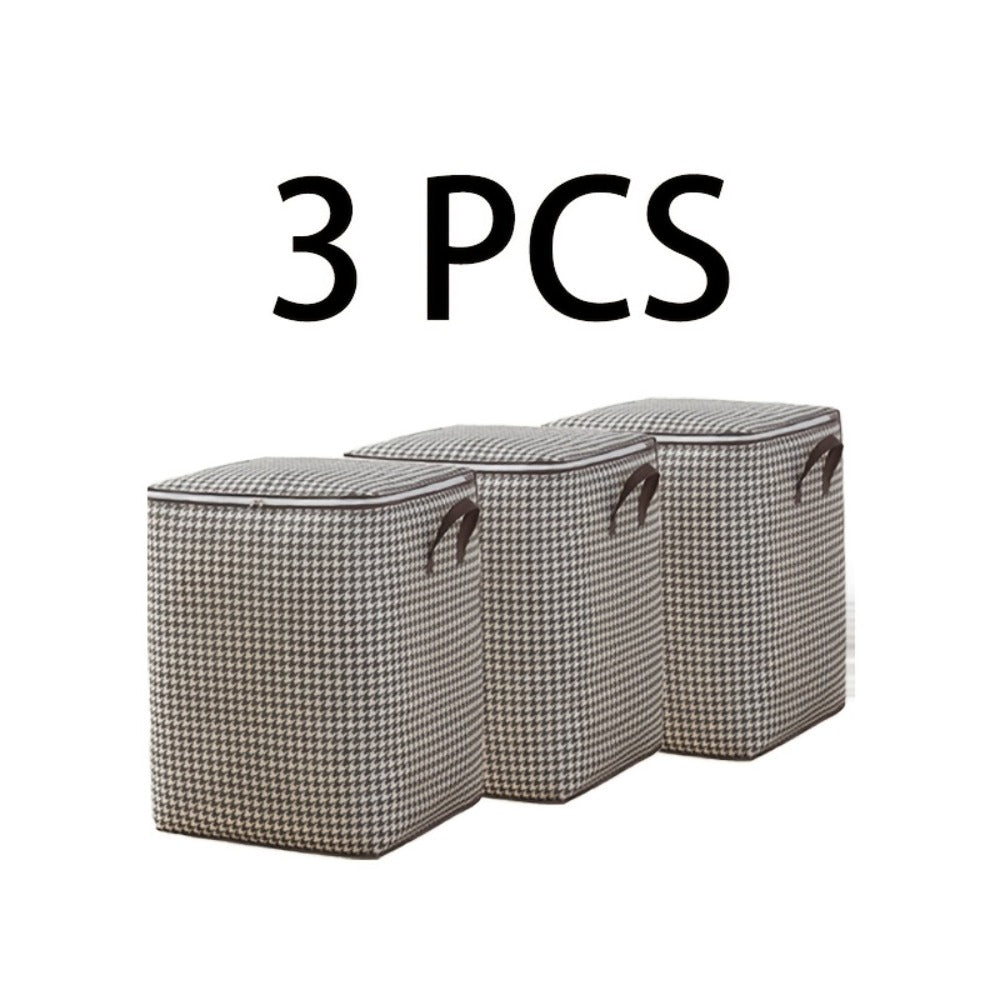 Large Storage Bags Houndstooth Non-Woven Fabric Organizer with Double Zipper & Handles – 160L/180L Dustproof Foldable Storage Box for Bedroom, Closet, Moving, Travel & Dorm, 1pc or 3pcs Set