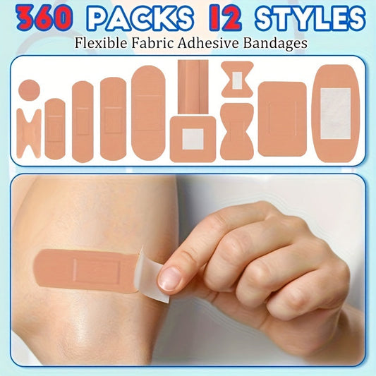 Assorted Adhesive Bandages 180/360pcs, Flexible Fabric Fingertip & Knuckle Bandages, Breathable Cloth Elastic Wound Care Strips, Various Sizes Spot Bandages for First Aid Home Outdoor