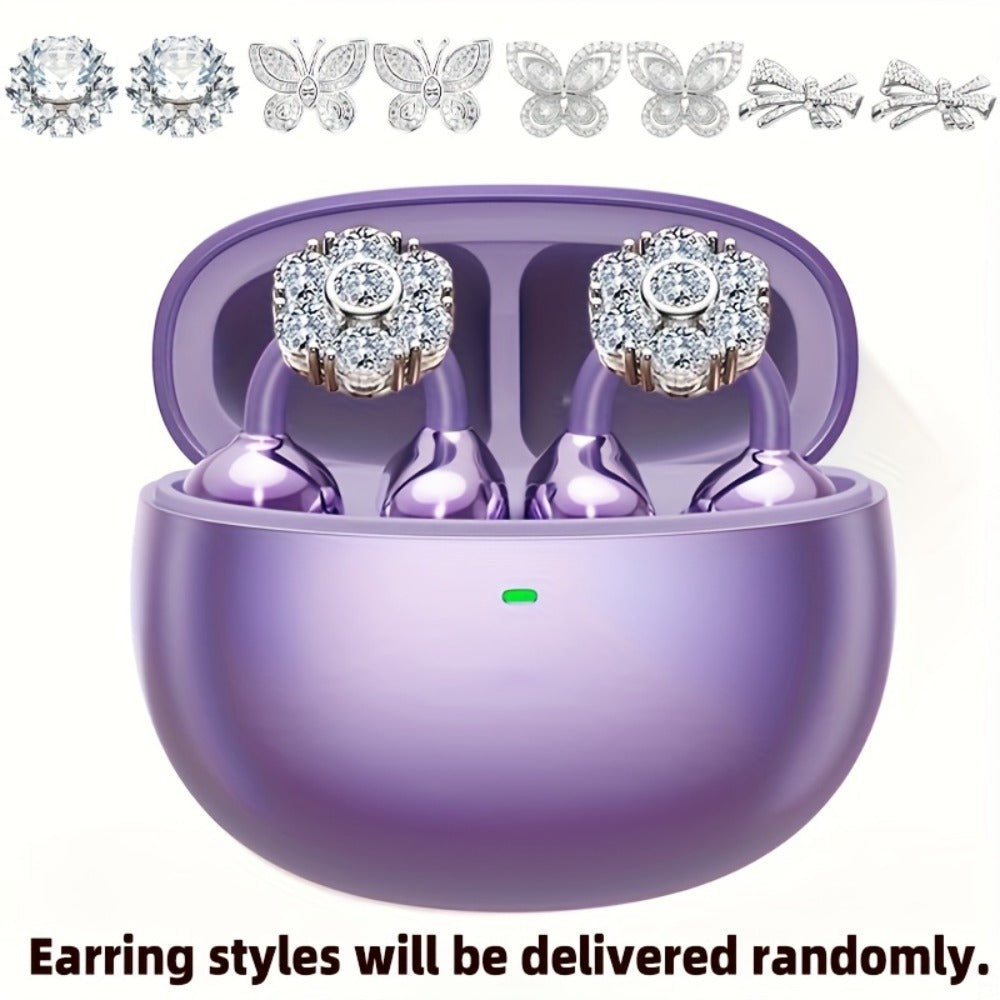 Clip On Wireless Earbuds Open Ear Bluetooth Headphones with Detachable Gemstone Earrings ANC Noise Reduction HD Stereo Hands-Free for Sports Exercise Work Study Outdoors