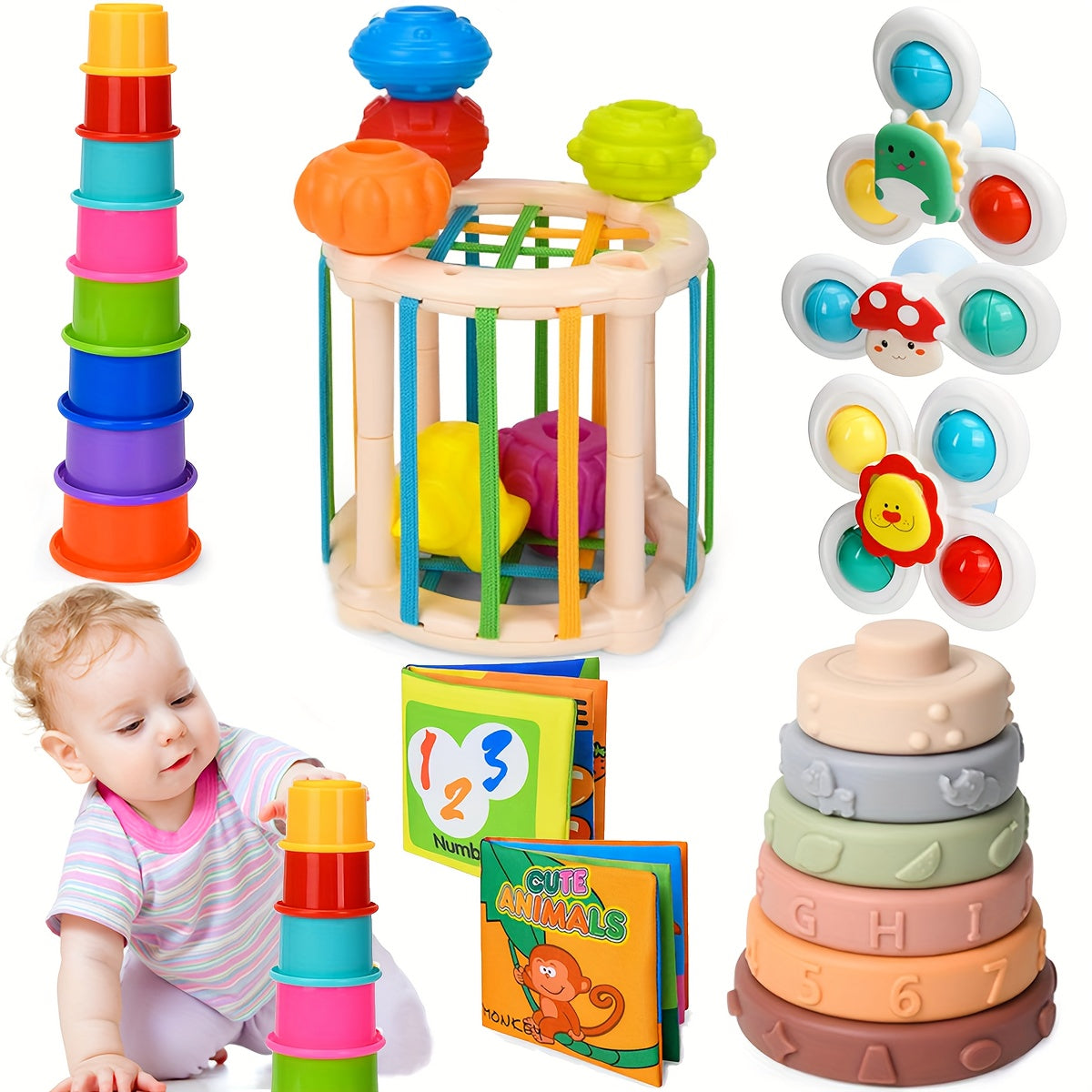 3-in-1 Baby Sensory Toy Set, Stacking Cups, Spinning Top & Cloth Book