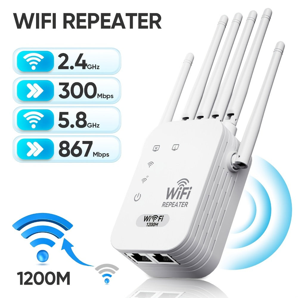 Compact WiFi 6 Signal Booster 1200Mbps with 6 Antennas, Dual Band 2.4GHz & 5GHz Wide Coverage Network Extender, Strong Stable Signal, Compatible with All Smart Routers, Space-Saving Design, White