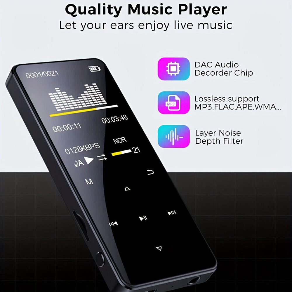 Bluetooth 5.0 MP3 Player with 128GB Support, Touch Screen, FM Radio, Lossless HiFi Music, 24-Hour Playback, Aluminum Alloy Body, Ideal for Running Sports Gym Workout Commute
