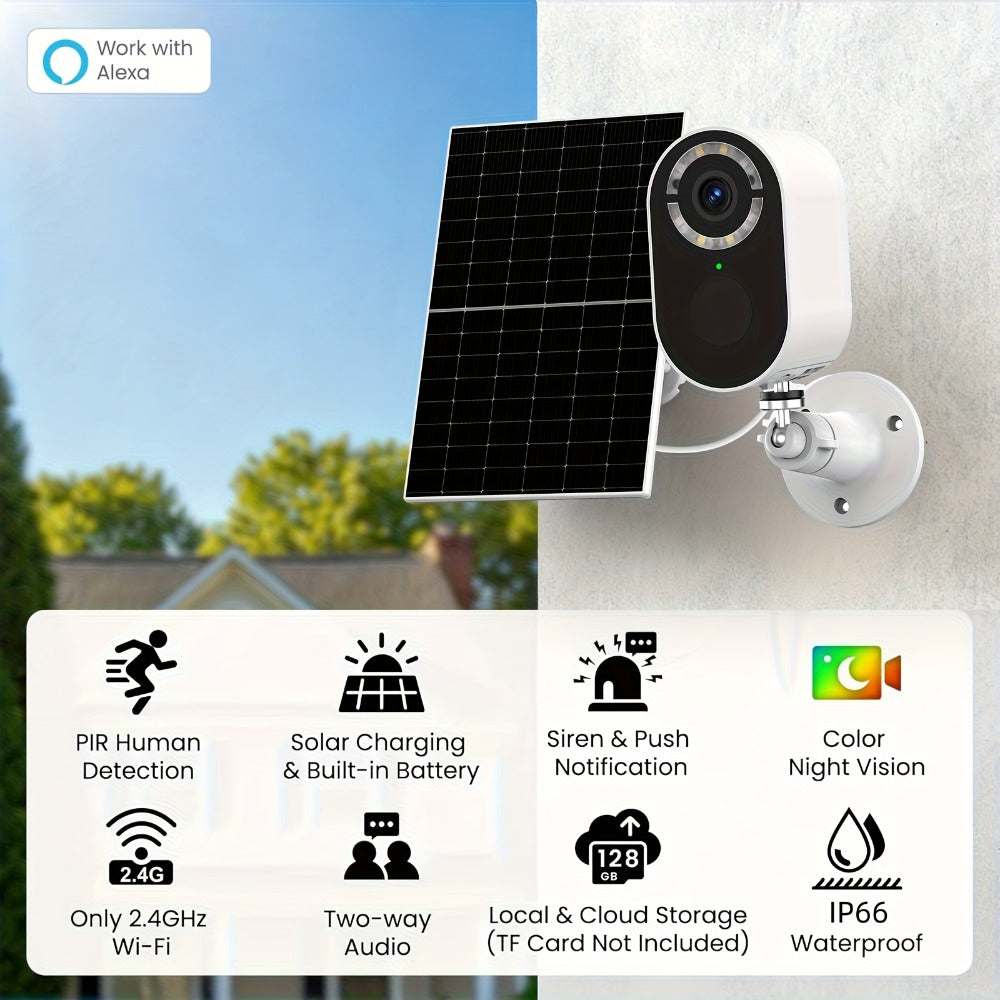 2K Solar Security Camera Outdoor Waterproof with Human Figure Alarm, Color Night Vision, 2-Way Audio, Low-Power WiFi Monitoring – Indoor Outdoor Pet Baby Surveillance Camera, 2.4G Wi-Fi