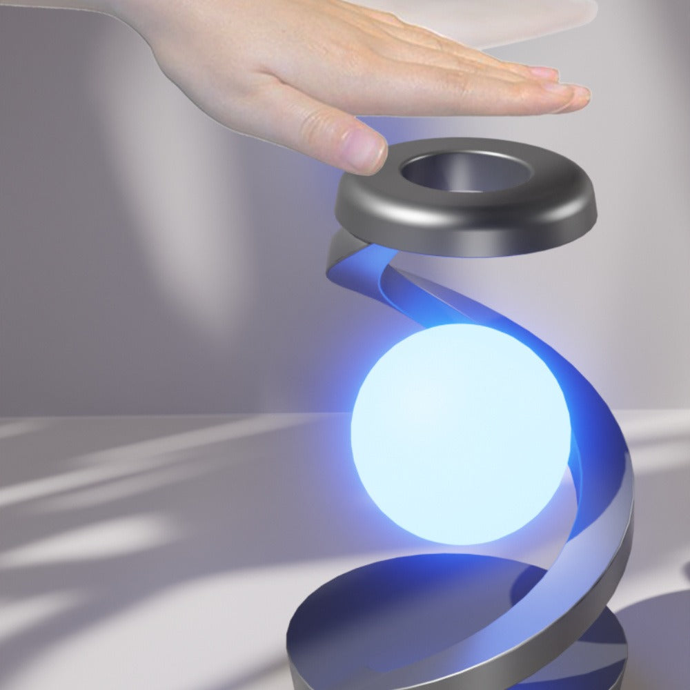 Floating Rotating Night Light with Wireless Charger – Smart Desktop Visual Levitating Lamp with Light Sensor, Hand Wave Control, Atmosphere Mood Light for Bedroom Office Party Decor, Gift (Grey/White)