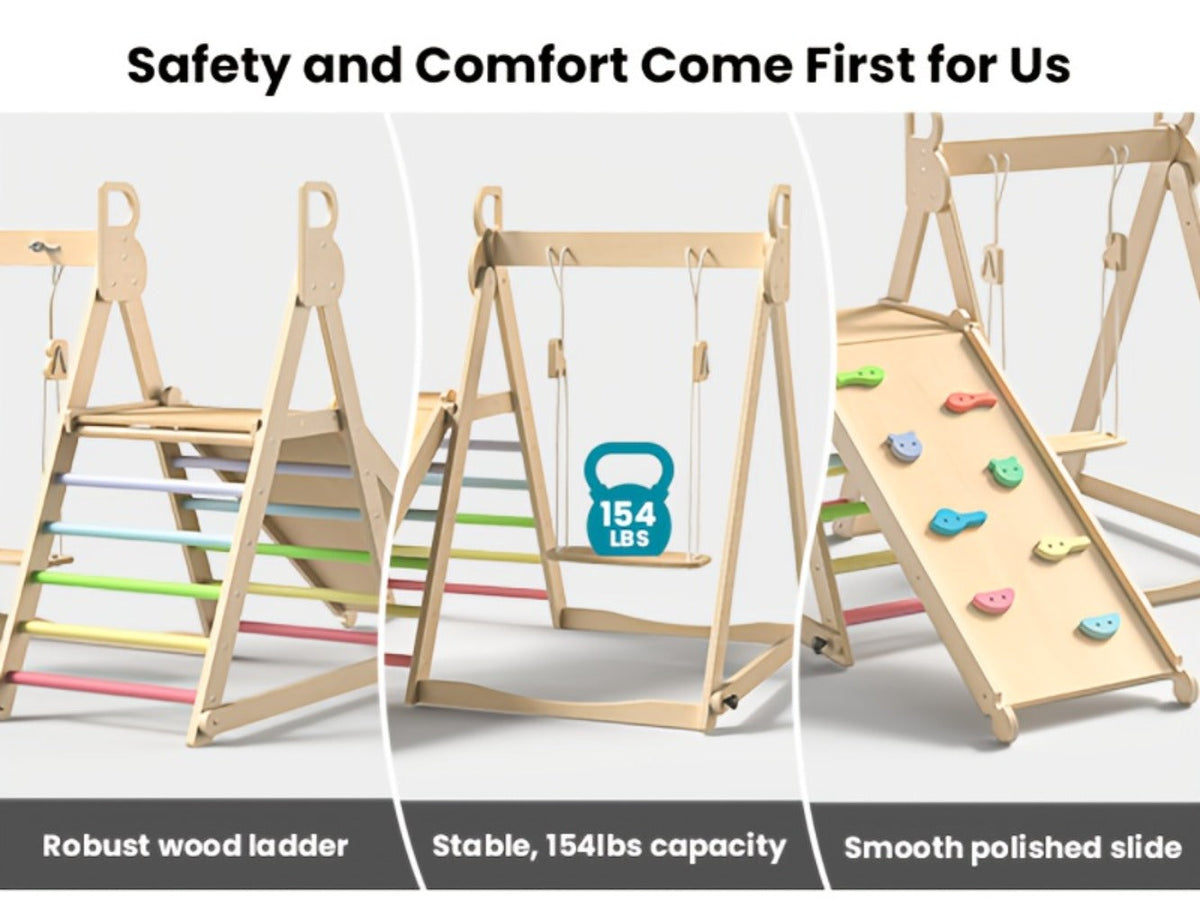 Foldable Indoor Wooden Jungle Gym for Toddlers – 4-in-1 Climbing Frame with Swing, Slide & Ladder | Ages 18M+ | Rainbow & Blue | Kids Indoor Playset for Cognitive Development & Active Play