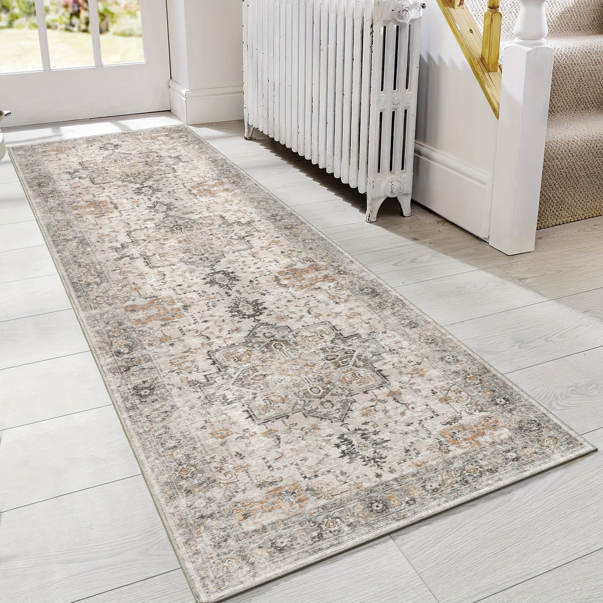 Vintage Chenille Area Rug Non-Slip Machine Washable – Retro Print Lightweight Carpet for Living Room, Bedroom, Dining Area & Home Office – Light Taupe Brown, 8 Sizes