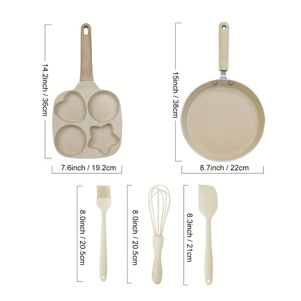 Non-Stick Cookware Set 5-Piece Beige – Pumice Stone Coating Egg Frying Pan Pancake Skillet with Kitchen Utensils | Aluminum Induction Compatible Home Cooking Set for Eggs Pancakes & Breakfast