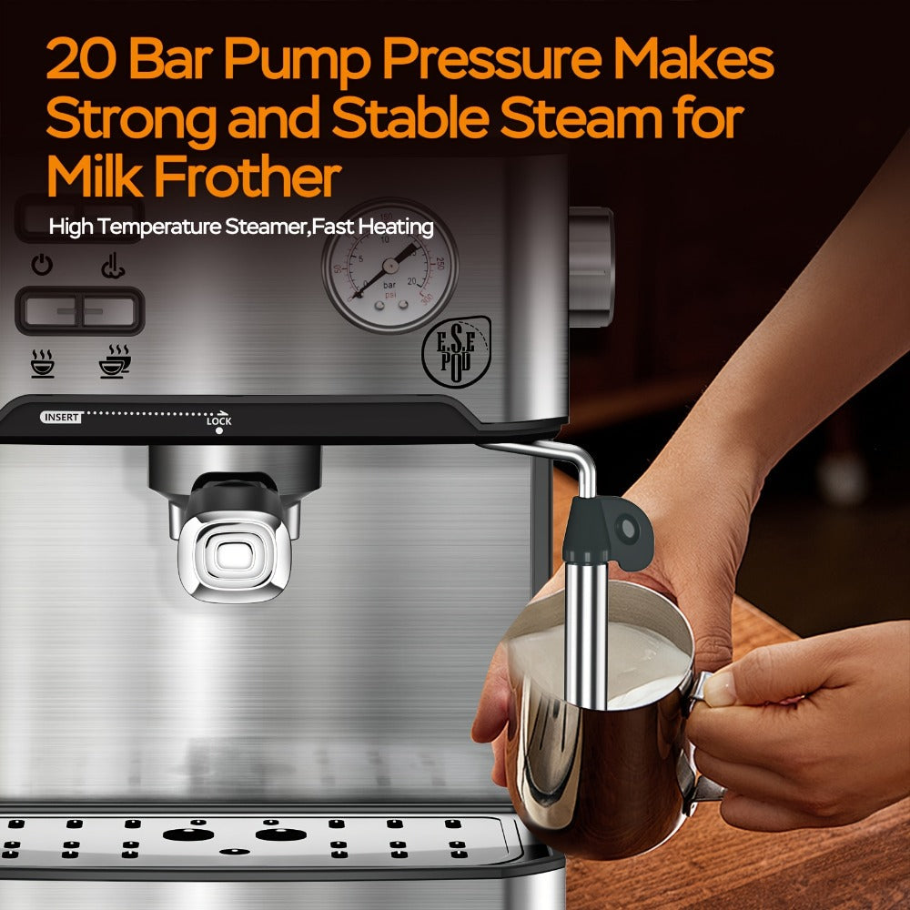 20 Bar Espresso Machine 950W – Stainless Steel Espresso & Cappuccino Latte Maker with Steam Wand Milk Frother, 49.03oz Water Tank, ESE Pod Filter, Home Barista Coffee Machine – Black, Pressure Gauge