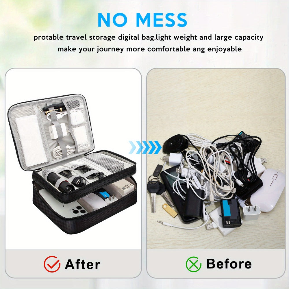 Cable Organizer Bag for Travel Double Layer – Water-Resistant Electronics Case with Removable Dividers | Cables, Chargers, Power Bank & Tablet, Grey & Black