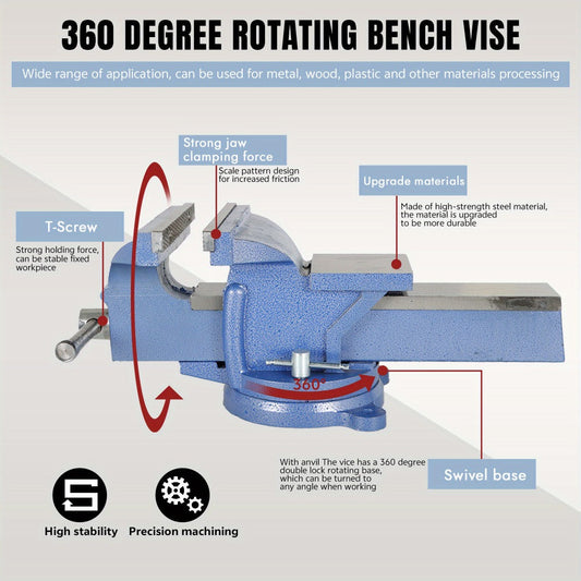 Bench Vise with 360° Swivel Base, Cast Iron, Pipe Jaws and Anvil