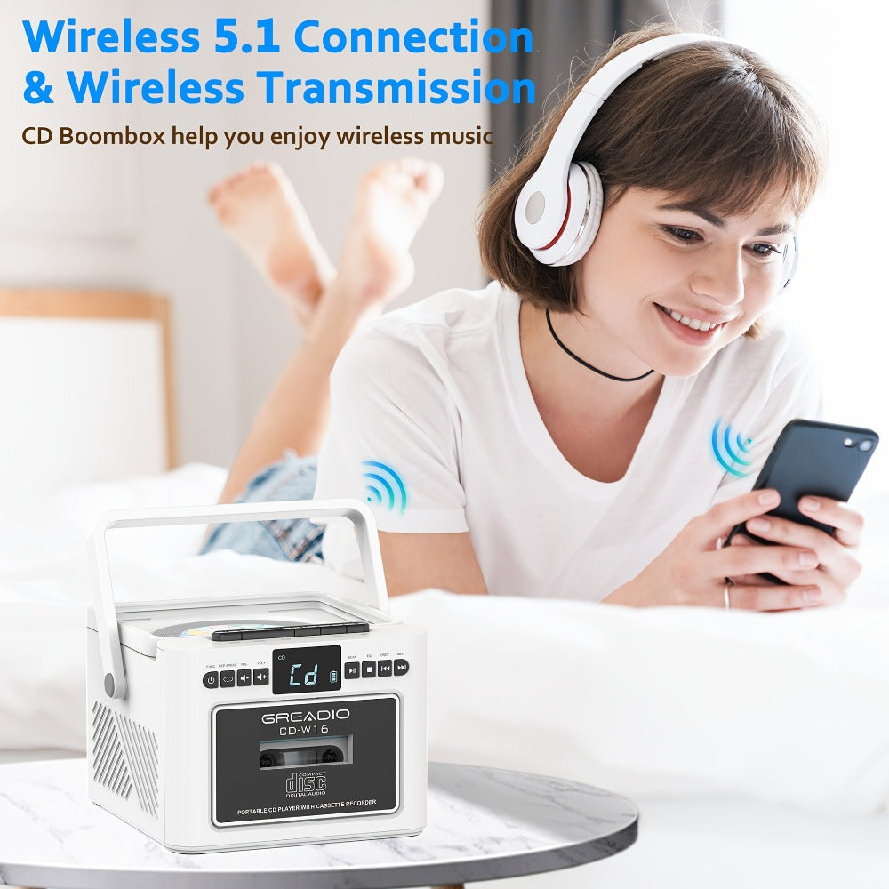 Boombox CD Cassette Player Rechargeable 5000mAh Battery 5W Dual Stereo Speakers FM Radio Tape Recording AUX SD USB 3.5mm Jack Portable Home Audio Player