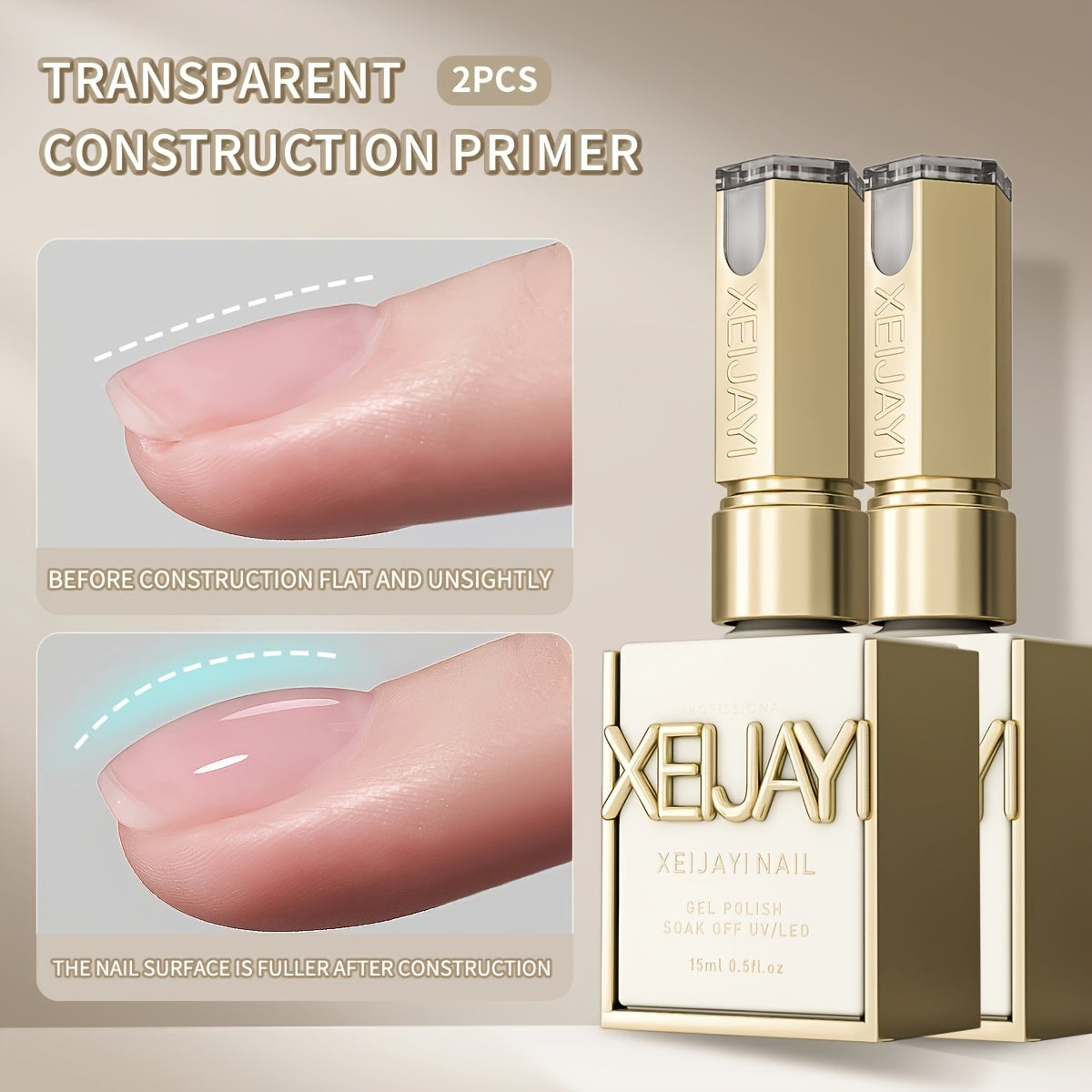 Builder Gel Nail Extension Base 4-in-1 XEIJAYI 2pcs 15ml - Leveling Reinforcement Sealing Adhesion Alcohol-Free Construction Primer Gel for Nail Salons & DIY Strengthening Base Coat 0.51oz Each