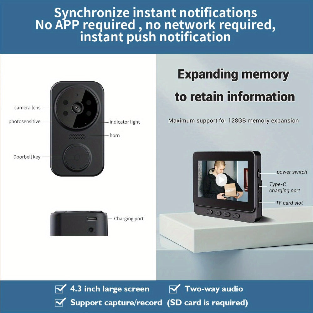 No WiFi Video Doorbell with 4.3" Indoor Monitor 1080P FHD – 120° Wide Angle, 850nm Night Vision, Two-Way Video Intercom, 2-Month Battery, SD Card Storage up to 256GB, One-Key Setup, Black