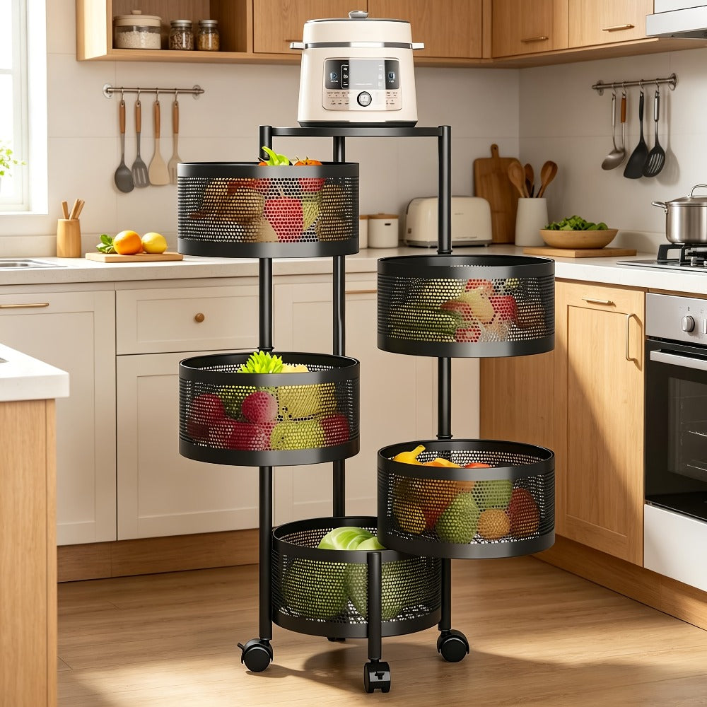 Rolling Storage Cart with Wheels 5-Tier 360° Rotating Kitchen Organizer Basket, No Assembly Space-Saving Floor Standing Bin for Kitchen Pantry Bathroom Bedroom Fruits Vegetables Home Organization