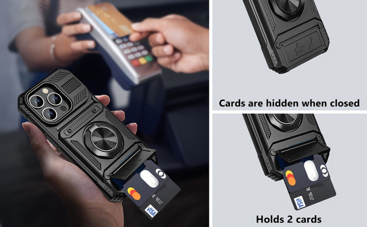 360° Metal Stand iPhone Case with Dual Card Slot Heavy Duty Shockproof Hard Shell Cover for iPhone 16 15 14 13 11 Pro Max Plus 8 7 Series – Rotating Kickstand Wallet Phone Case