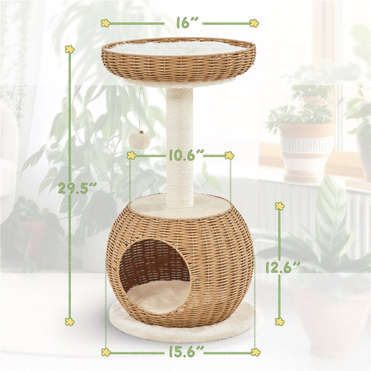 Rattan Cat Tree, 29.5-Inch Condo with Sisal Post, Cushion Perch and Bell Toy
